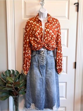 ZARA Open Twist Front Linen Long Billowy Sleeve Medium Terra Cotta